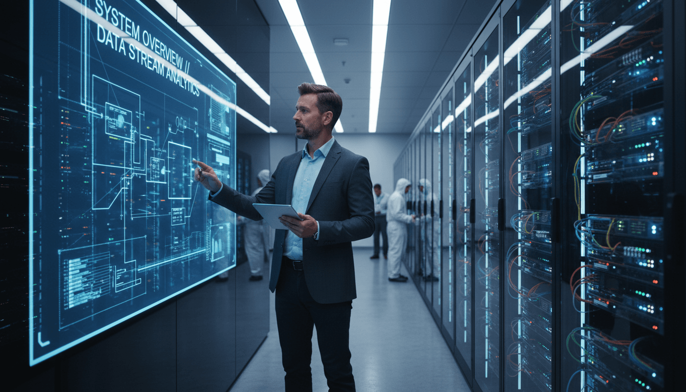 Close-up of a hand pointing at server rack hardware in a data center