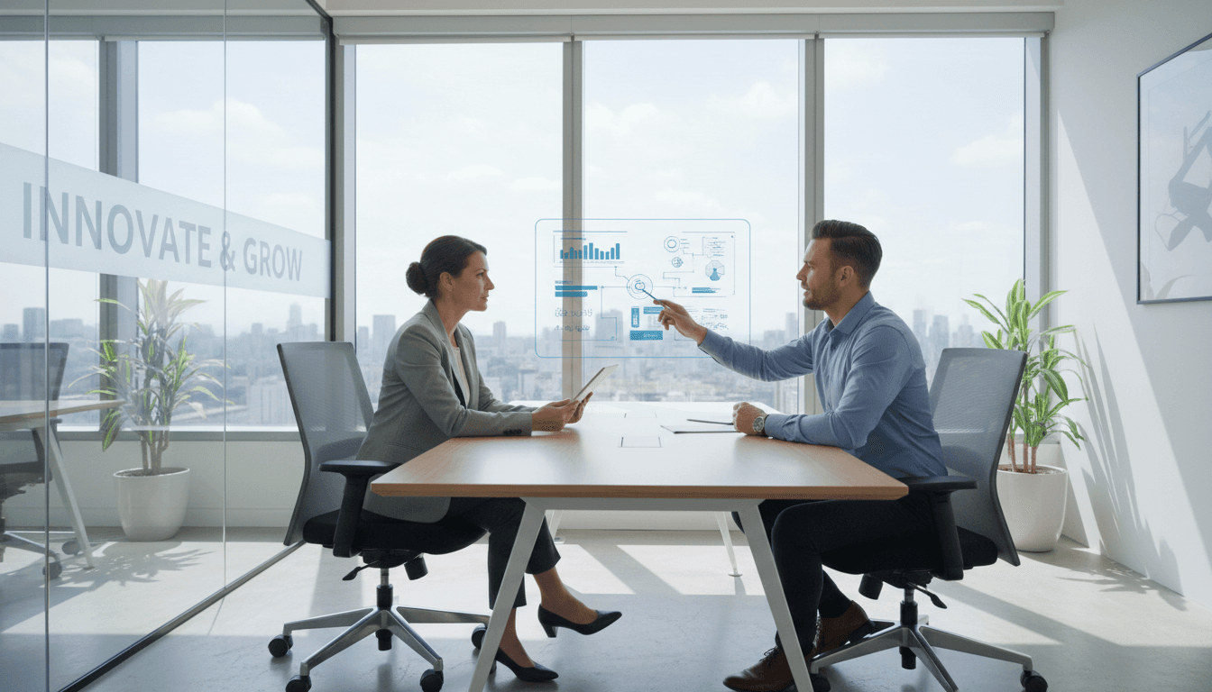 Professional IT consultant working with a client in a modern bright office