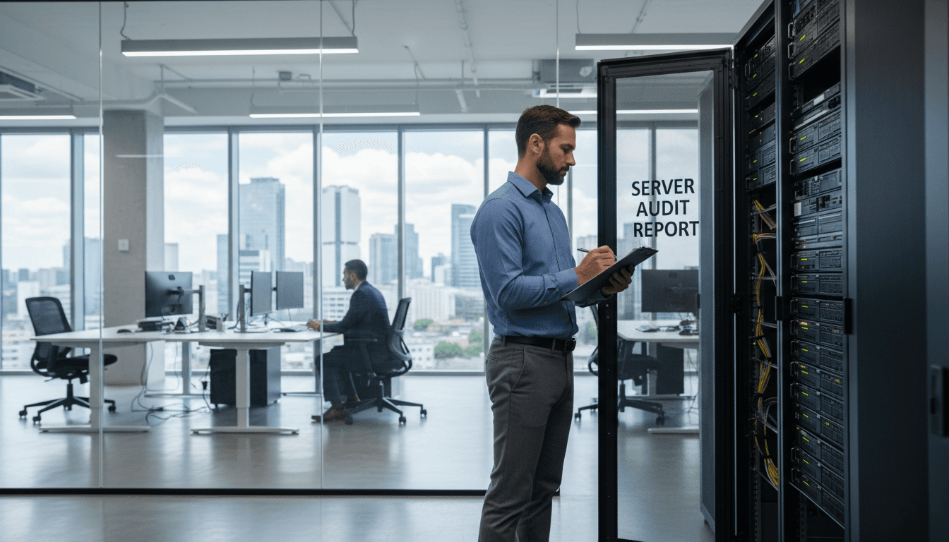 IT consultant reviewing server hardware with a clipboard in a modern office
