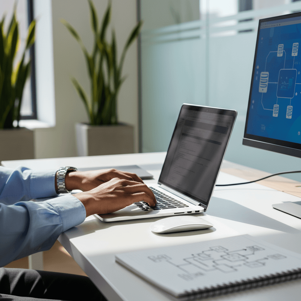 IT consultant at a desk working on a laptop in a bright modern office