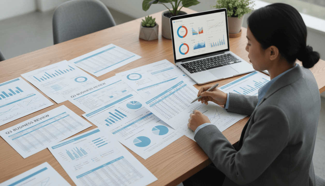Professional reviewing data on a laptop in a bright modern office