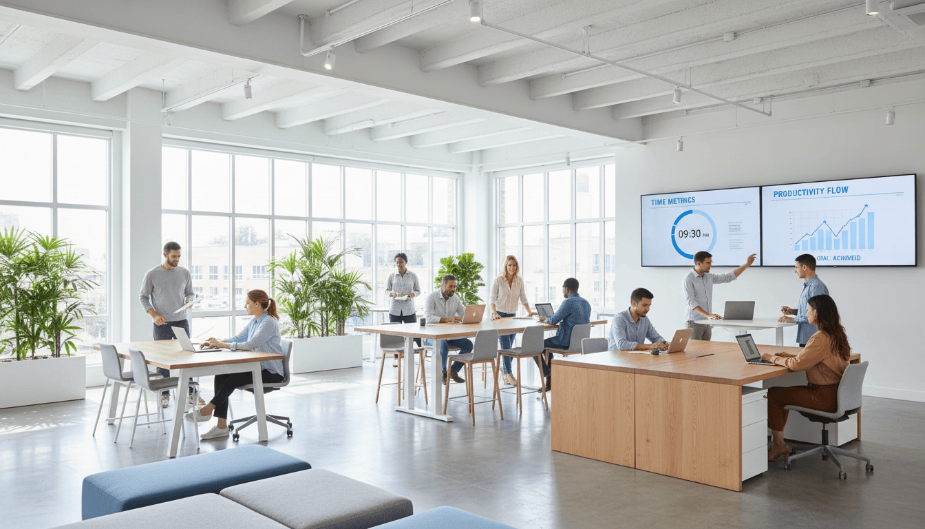 Modern bright office workspace with computer monitors